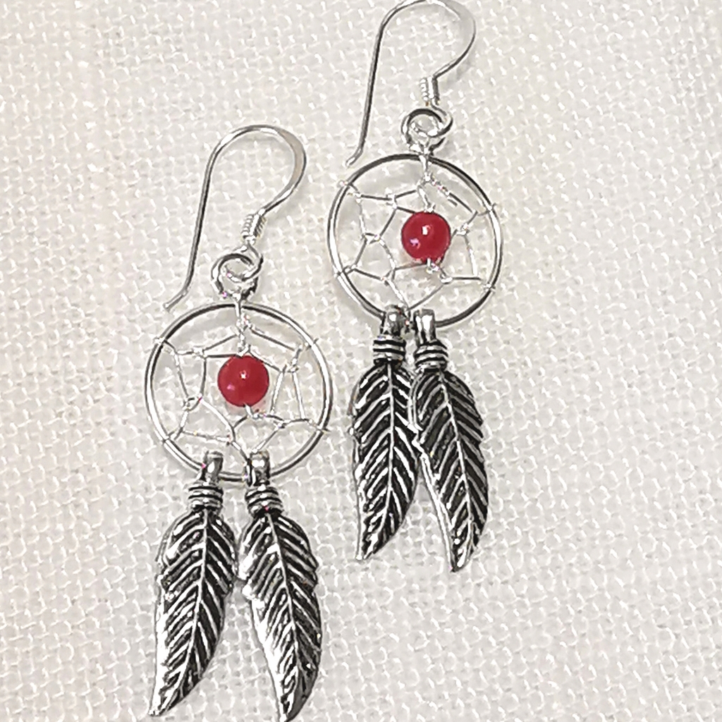 Dreamcatcher Sterling Silver Coral Feather Earrings